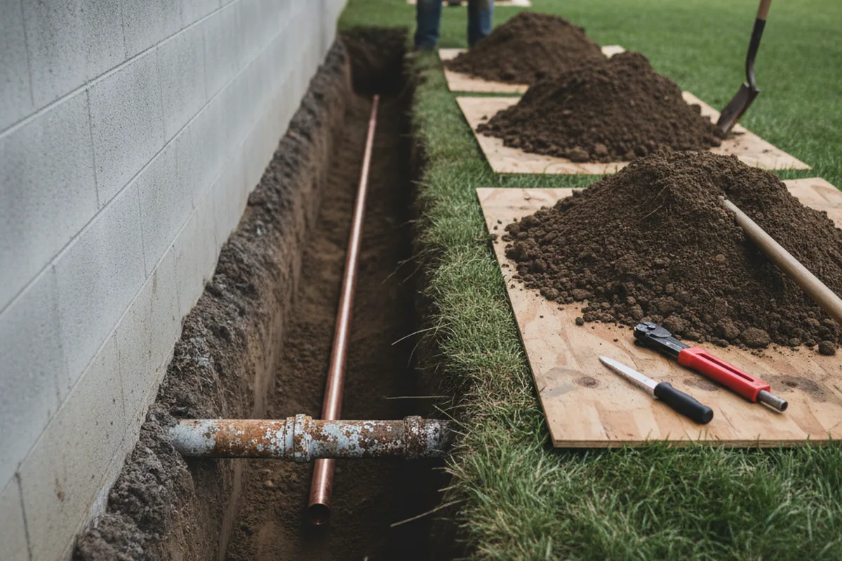 Excavated water line trench during Sewer Line Repair in Baroda